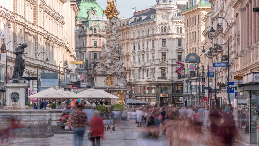 Busy Graben Street in Vienna with visitors and outdoor shops