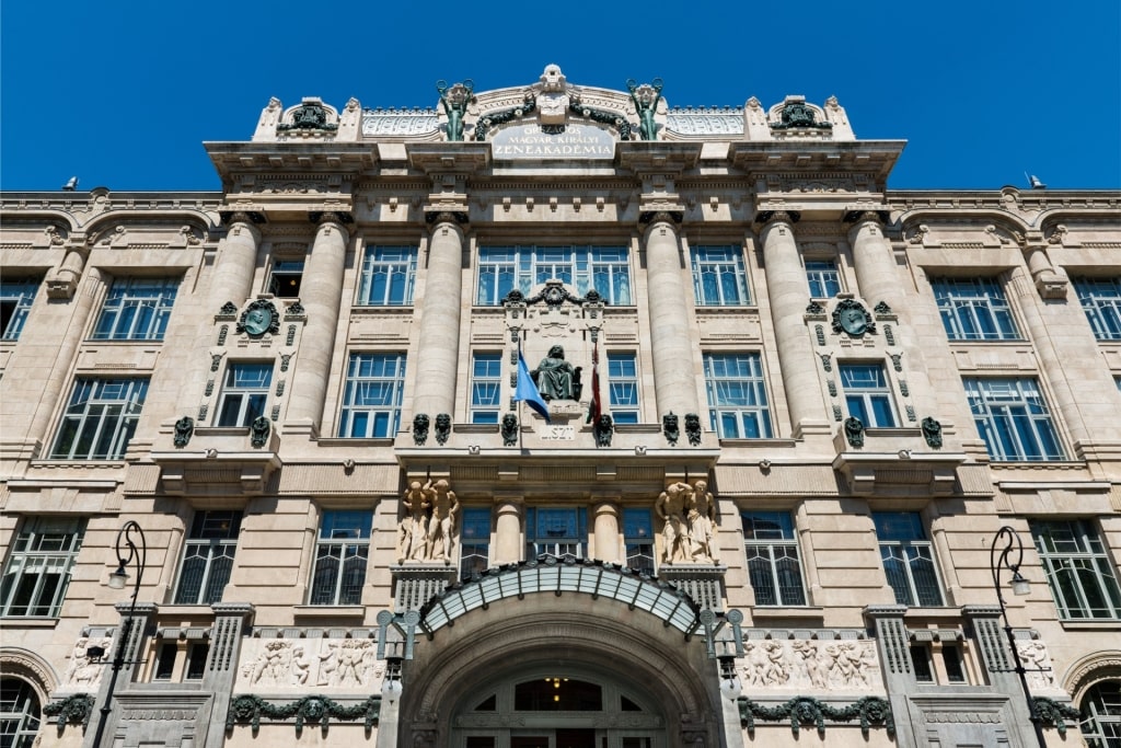 Facade of Liszt Academy of Music in Budapest with ornate architectural details