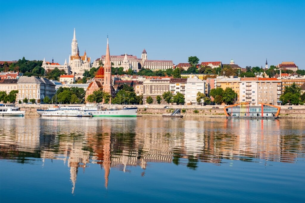 Scenic view of Budapest skyline along Danube river