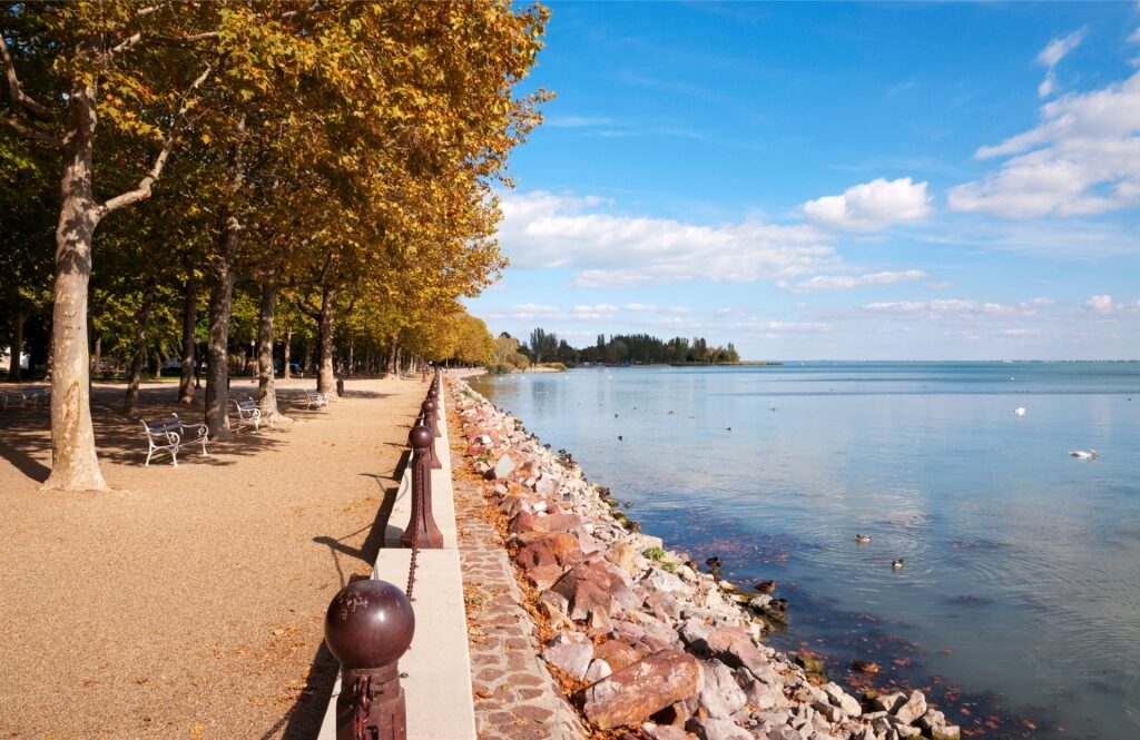 Tagore Promenade in Balatonfüred lined with trees by the lake