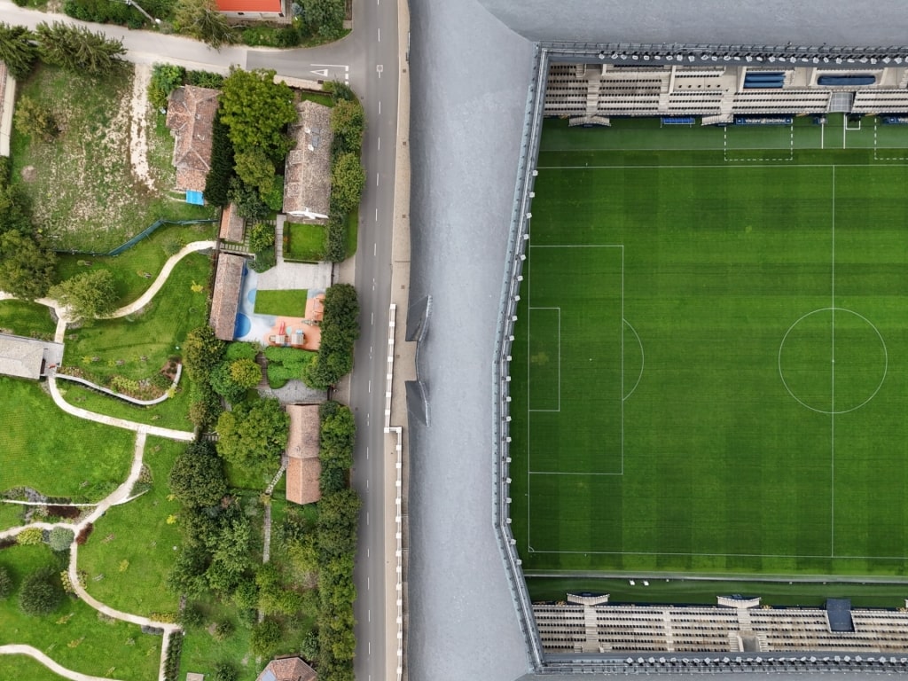 Aerial view of Pancho Arena in Felcsút, Hungary, surrounded by greenery