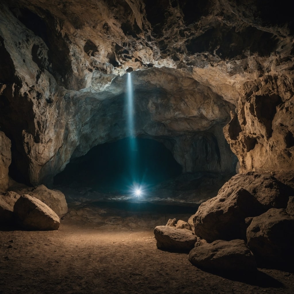 Interior view of Pál-völgyi Cave in Budapest with illuminated rock formations