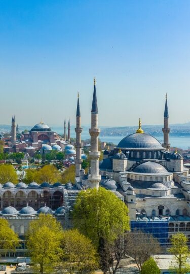 Aerial view of Blue Mosque and Hagia Sophia in Istanbul