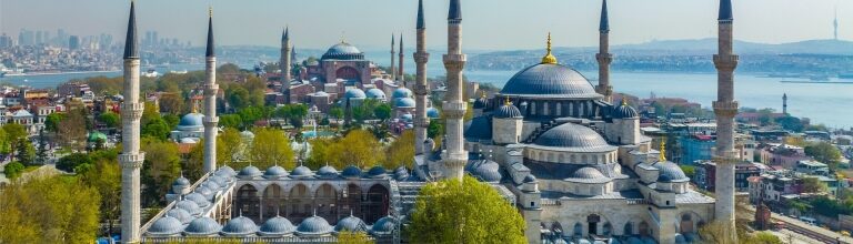 Aerial view of Blue Mosque and Hagia Sophia in Istanbul