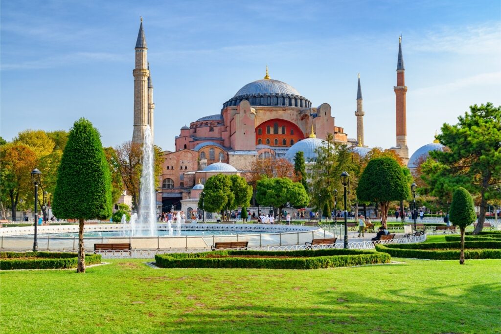 Scenic view of Hagia Sophia with lush greenery