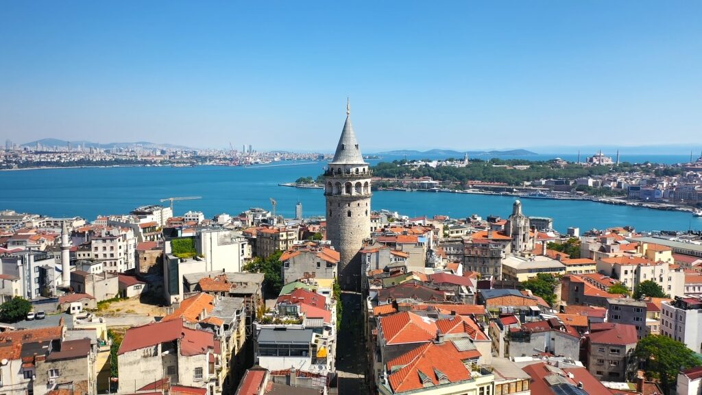 Aerial view of Galata Tower and surrounding Istanbul buildings