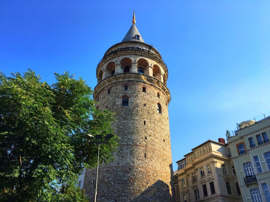 Galata Tower against a blue sky in Istanbul, Turkey