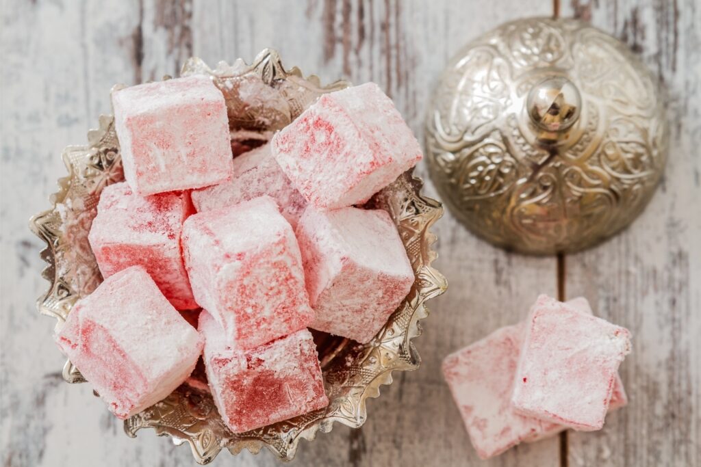 Lokum, Turkish delight cubes dusted with powdered sugar