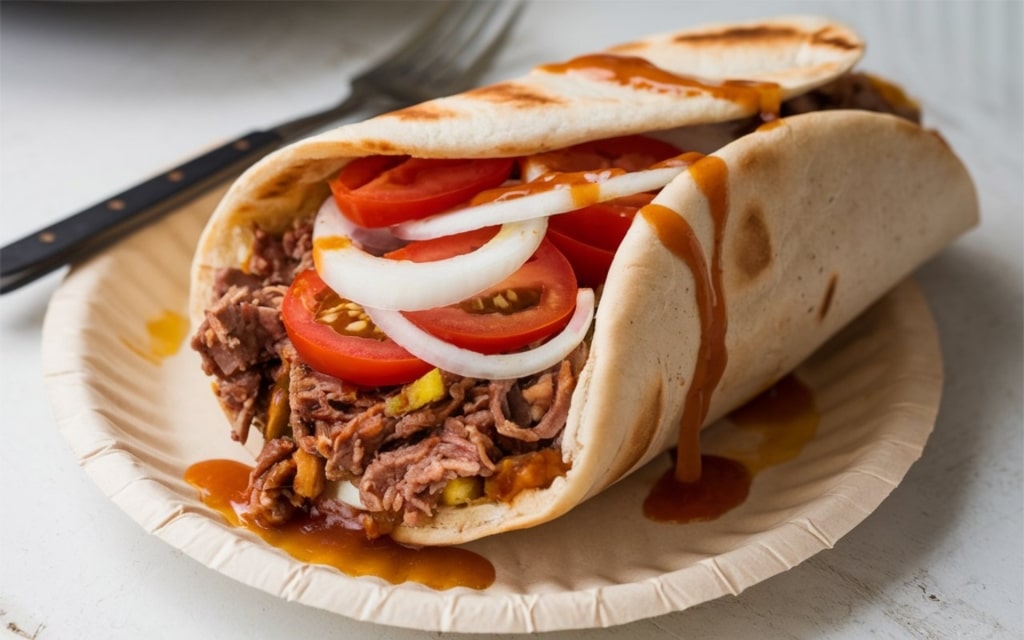 Halifax Donair wrap with seasoned beef and signature sweet sauce