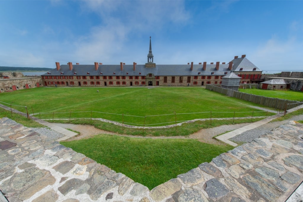 Main building of the Fortress of Louisbourg in Nova Scotia with stone walls