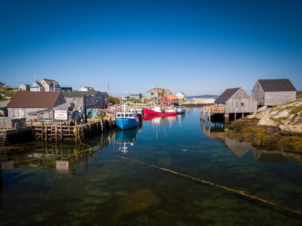 Scenic view of Peggy’s Cove village with fishing boats