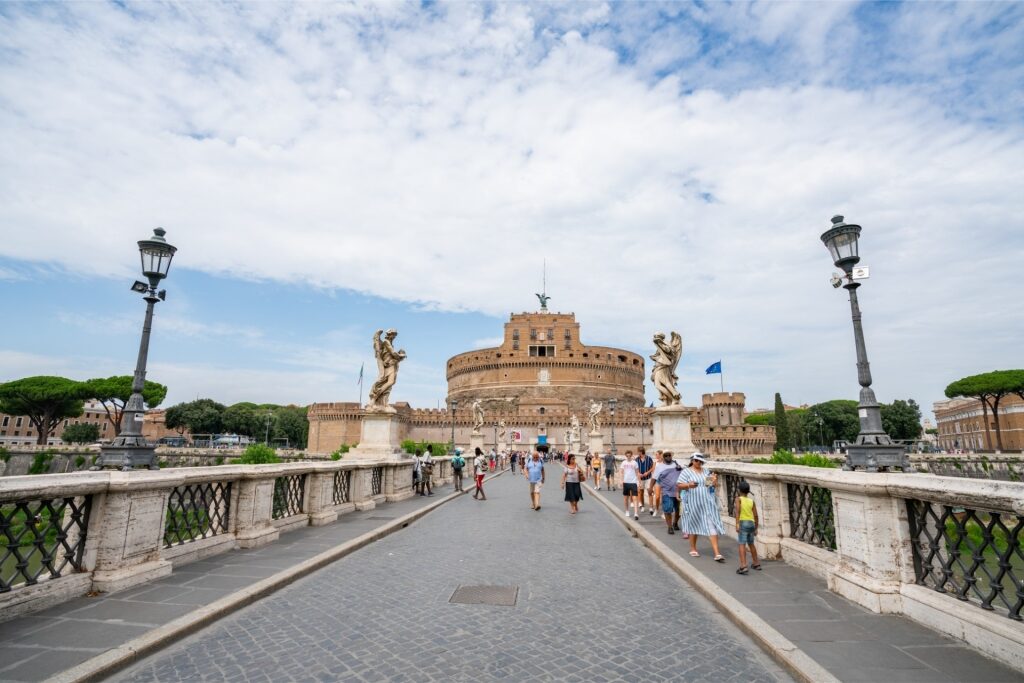 Historic bridge leading to Castel Sant’Angelo in Rome, Italy