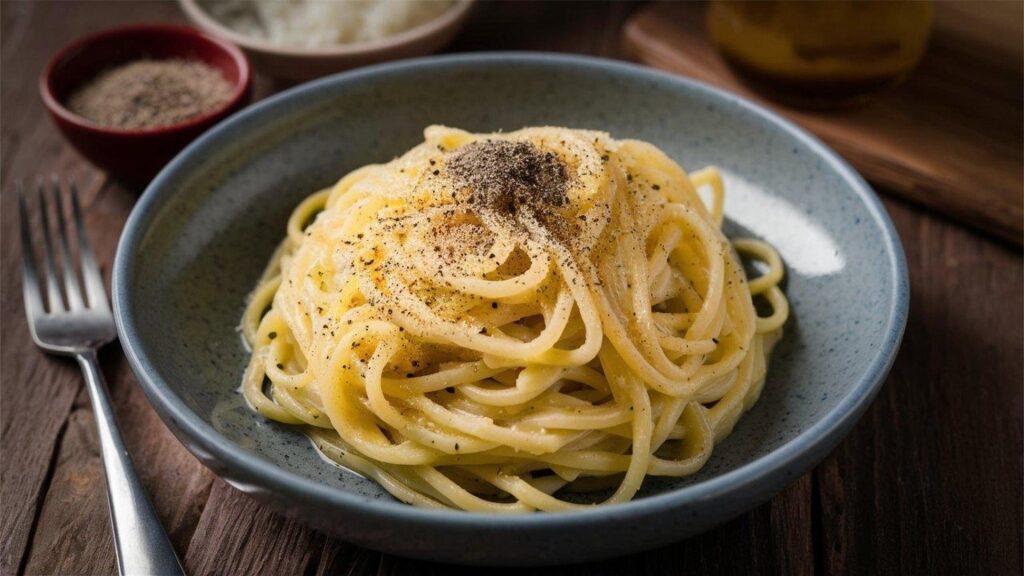 Creamy Cacio e Pepe topped with pecorino cheese and pepper on a plate