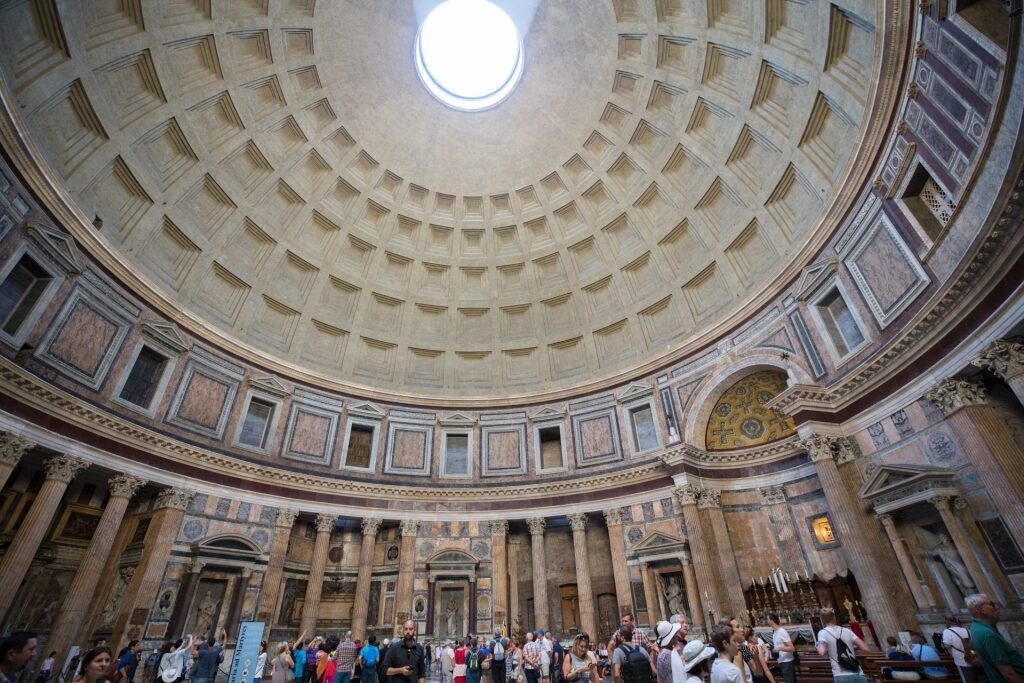 Sunlight streaming through the oculus of the Pantheon dome in Rome