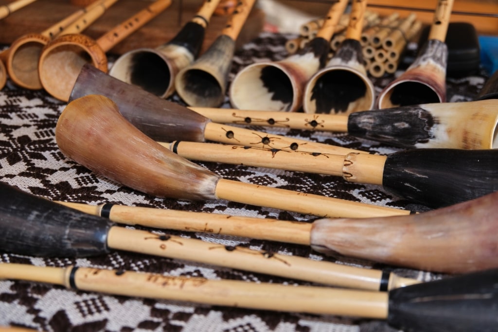 Launeddas and other Sardinian instruments on a table