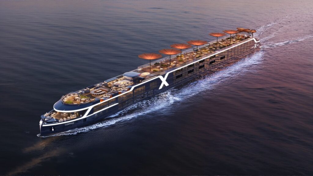 Sleek, modern design of Celebrity River Cruises' ship featuring open decks