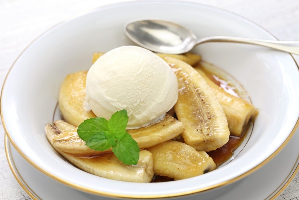 Decadent bananas foster in a bowl