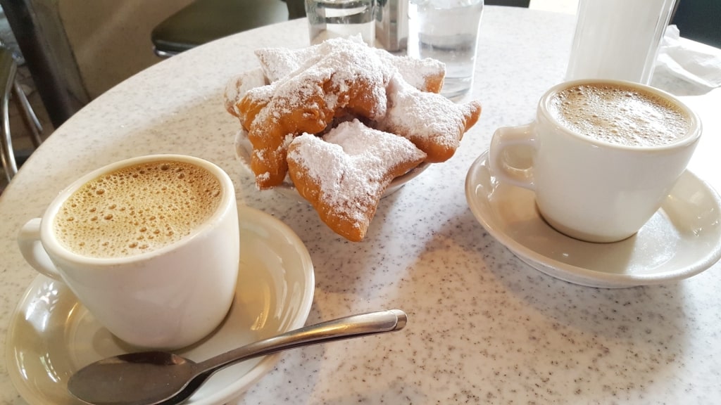 Beignets inside a cafe in New Orleans