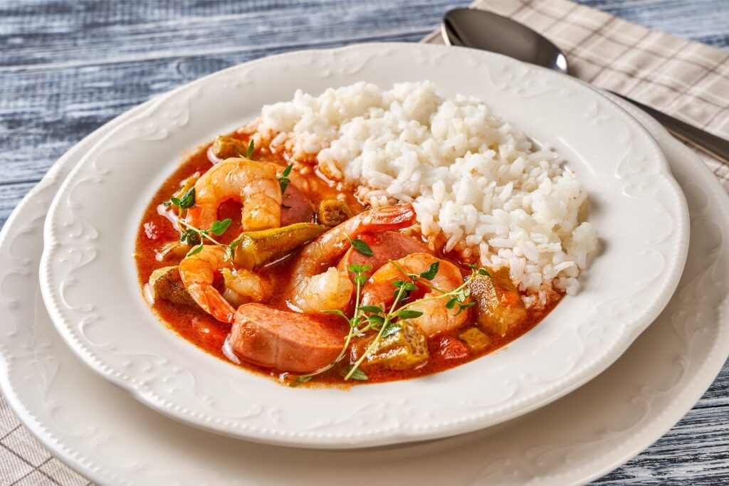Hearty gumbo with rice on the side