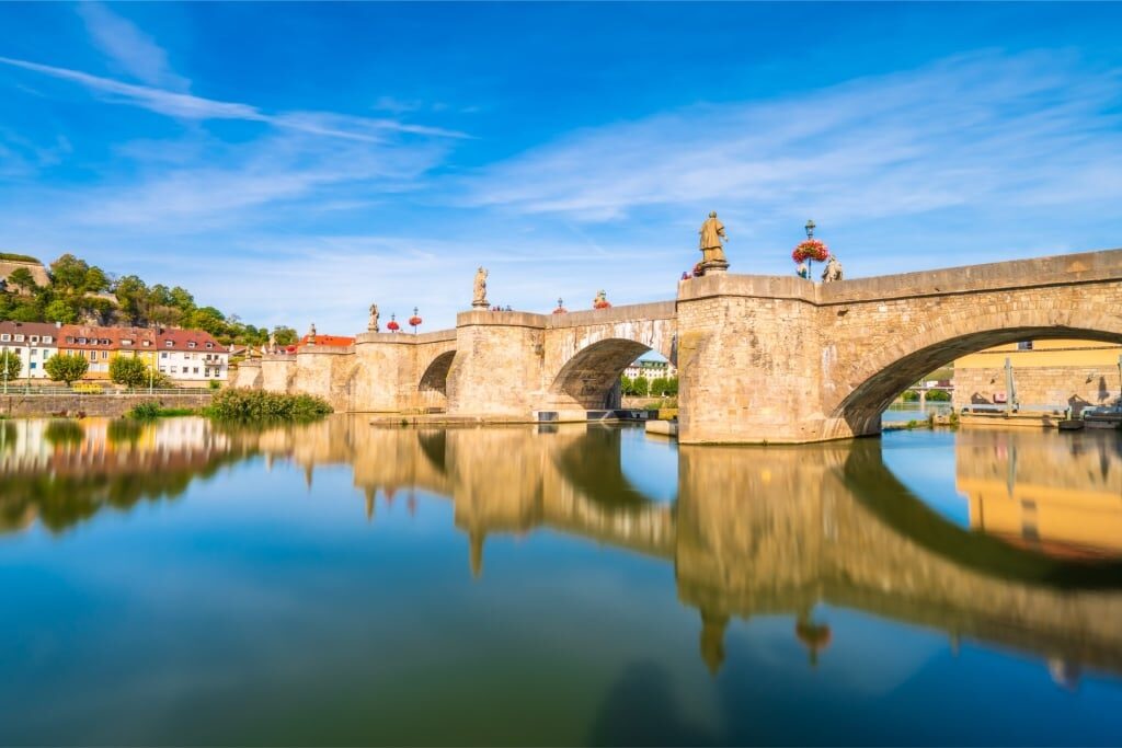 Historic Old Main Bridge in Würzburg, Germany with scenic river view