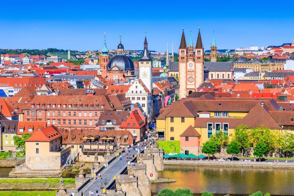 Würzburg Old Town skyline featuring church towers and rooftops in Germany