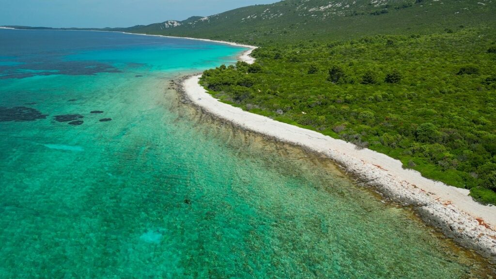 Aerial view of Sakarun Beach near Zadar, Croatia with turquoise waters and white shoreline