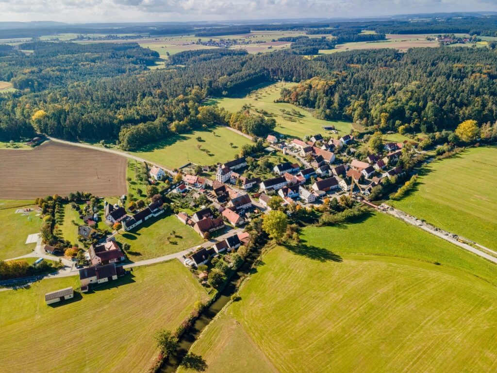 Thann from above featuring the town center and nearby green landscapes