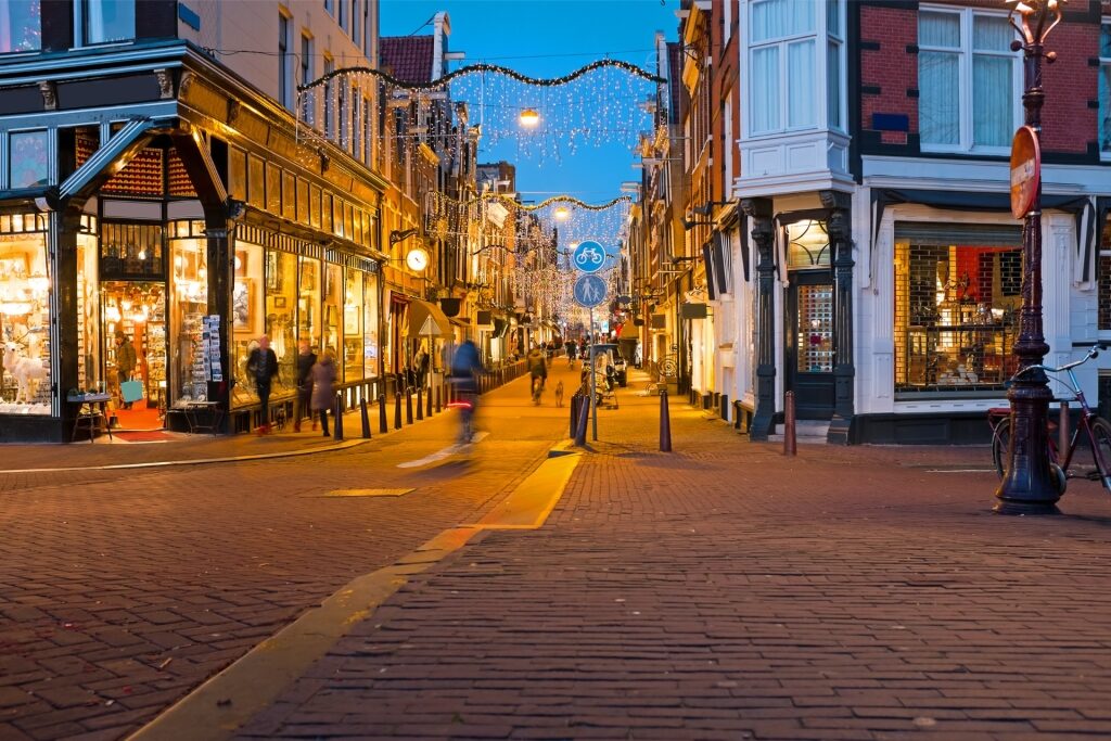 Night street view in Amsterdam with historic buildings