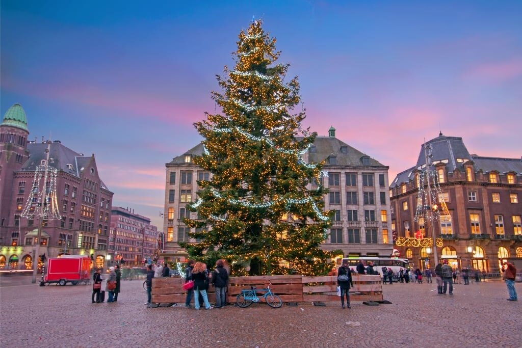View of Dam Square, Amsterdam in December with Christmas tree