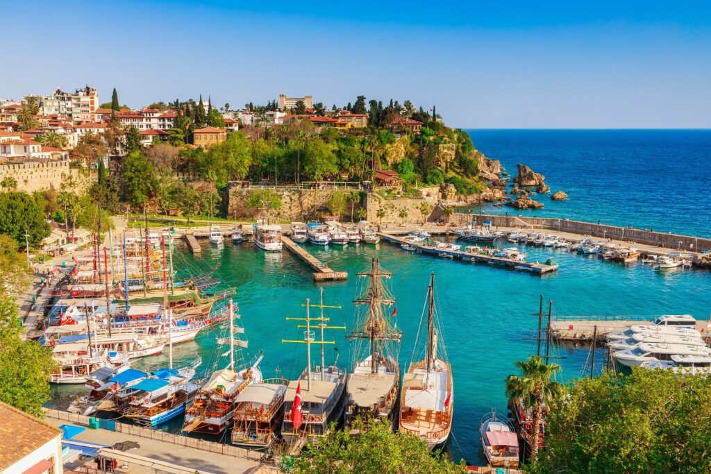 Sunny summer view of Kaleici Port and Old Town harbor in Antalya, Turkey