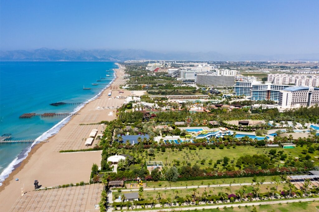Panoramic aerial shot of Lara Beach stretching along Antalya’s coastline