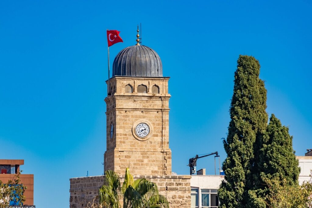 View of stone clock tower known as Antalya Saat Kulesi
