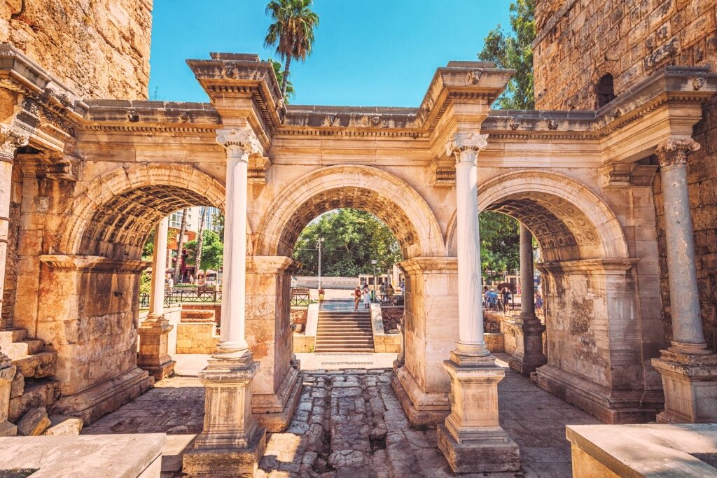 Stone arches of Hadrian’s Gate, a famous landmark in Antalya’s Old Town