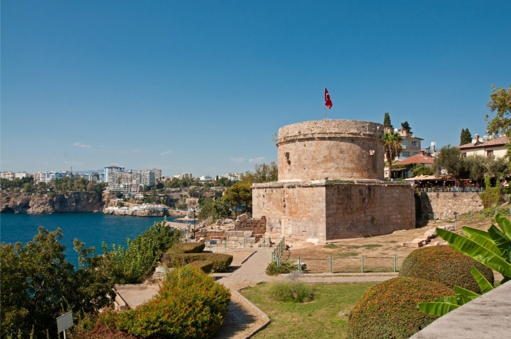 Scenic view of Hidirlik Tower with the blue coastline of Antalya