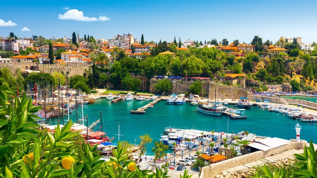 Scenic view of the harbor in Antalya Old Town with boats and waterfront buildings