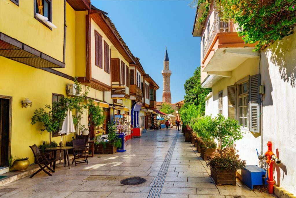 Historic Kaleici street in Antalya with the iconic Kesik Minare mosque in view