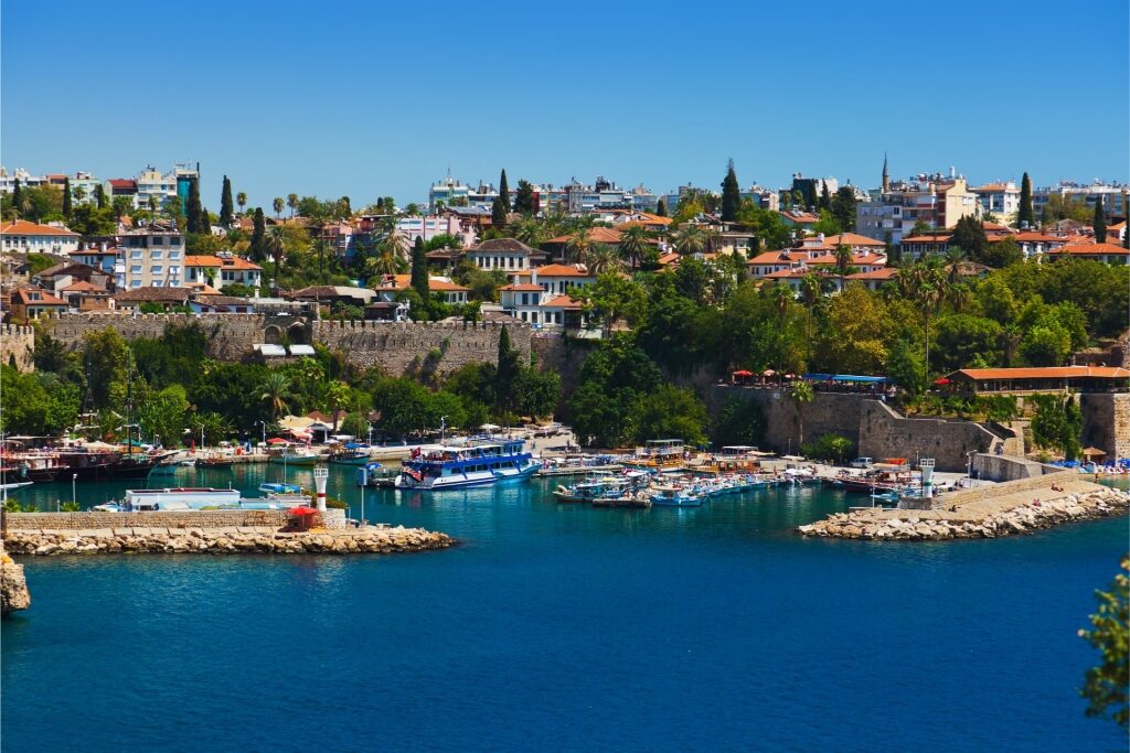 Scenic view of the harbor in Antalya Old Town with boats and waterfront buildings