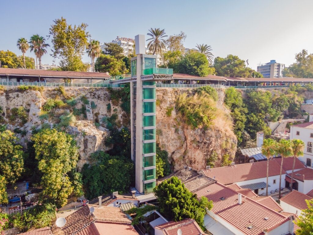 Panoramic elevator in Kaleici, Antalya connecting the harbor embankment to the street and observation deck