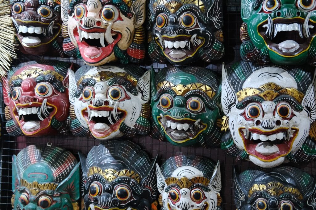 Traditional colorful Balinese masks on display