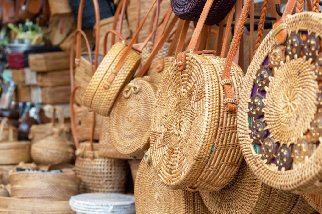 Balinese handmade rattan bags in a local souvenir market in Bali