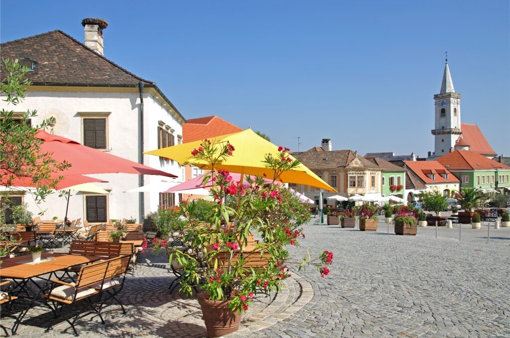 View of Rust showing colorful old town houses in Austria