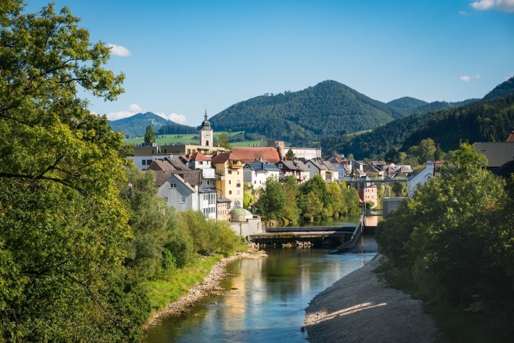 Scenic view of Waidhofen an der Ybbs with colorful riverside houses