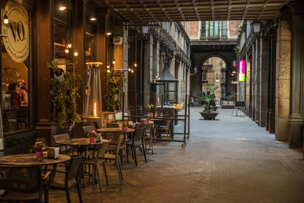 Quiet cobblestone alley in the Gothic Quarter of Barcelona, Spain