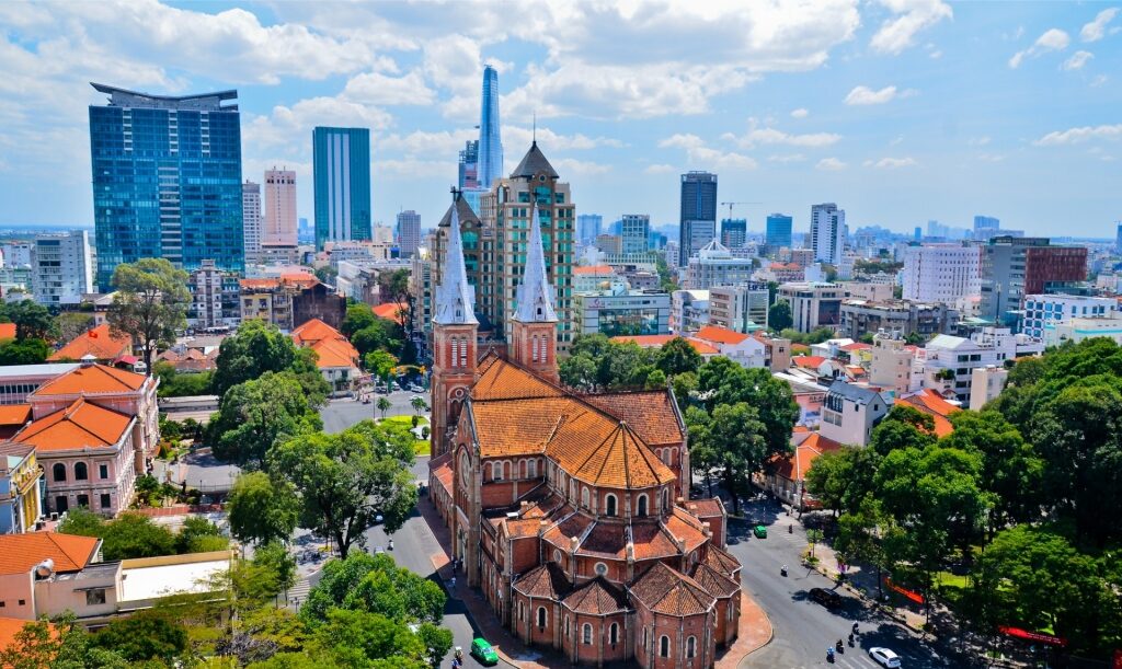 Aerial view of Ho Chi Minh City with Notre Dame Cathedral in the city center