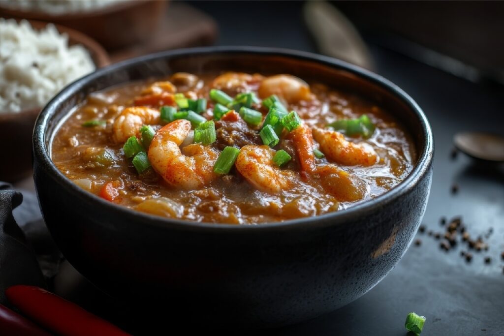 Bowl of authentic New Orleans gumbo with shrimp