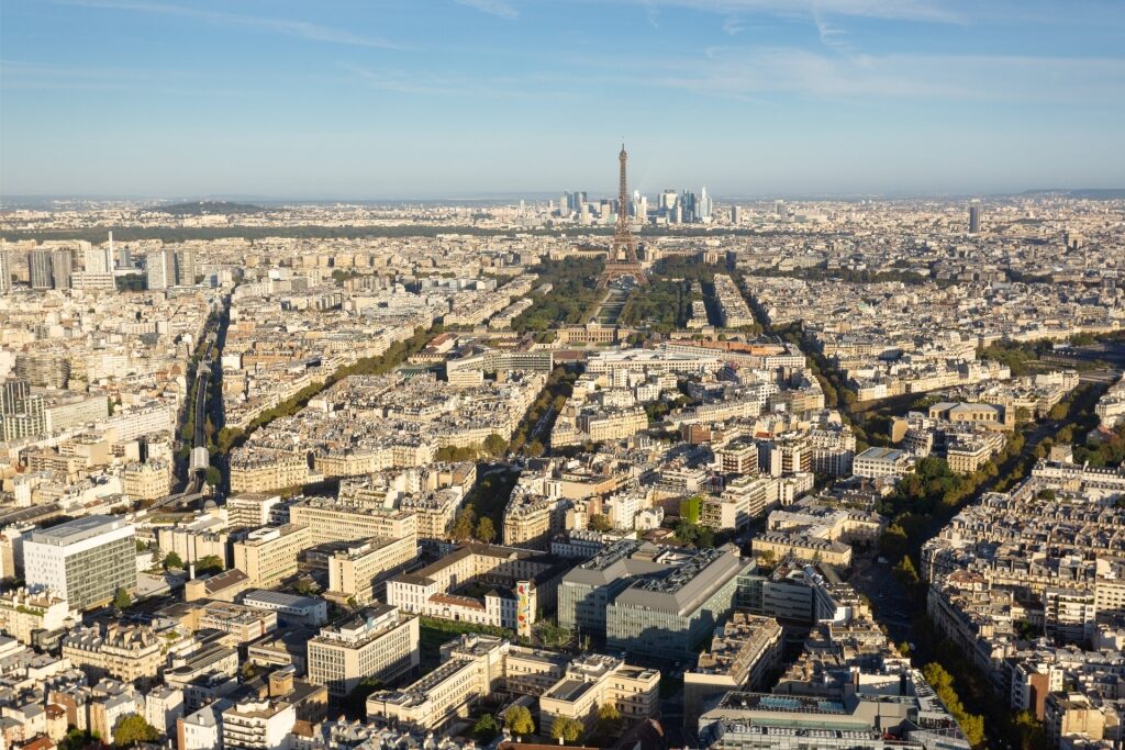 Aerial view of Paris, France showcasing the Eiffel Tower and city skyline