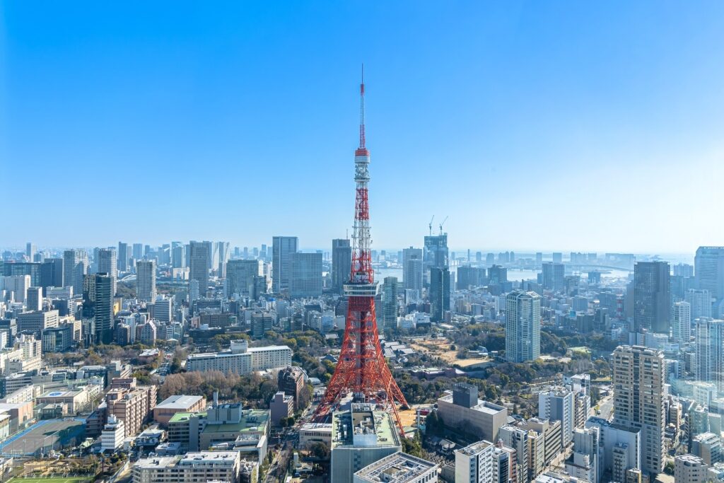 Aerial view of Tokyo, Japan with Tokyo Tower rising above the cityscape