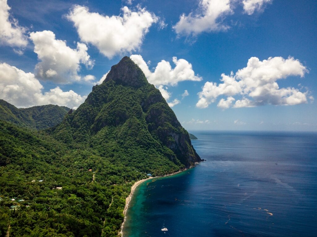 Scenic view of Petit Piton along the St. Lucia coastline