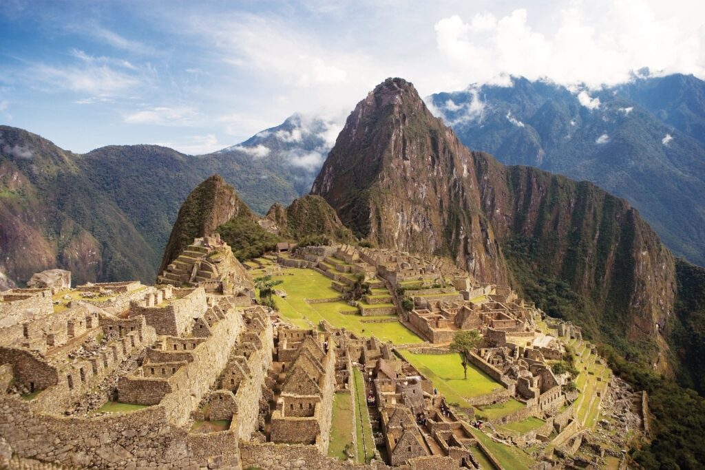 Historic Inca citadel of Machu Picchu surrounded by dramatic mountain scenery