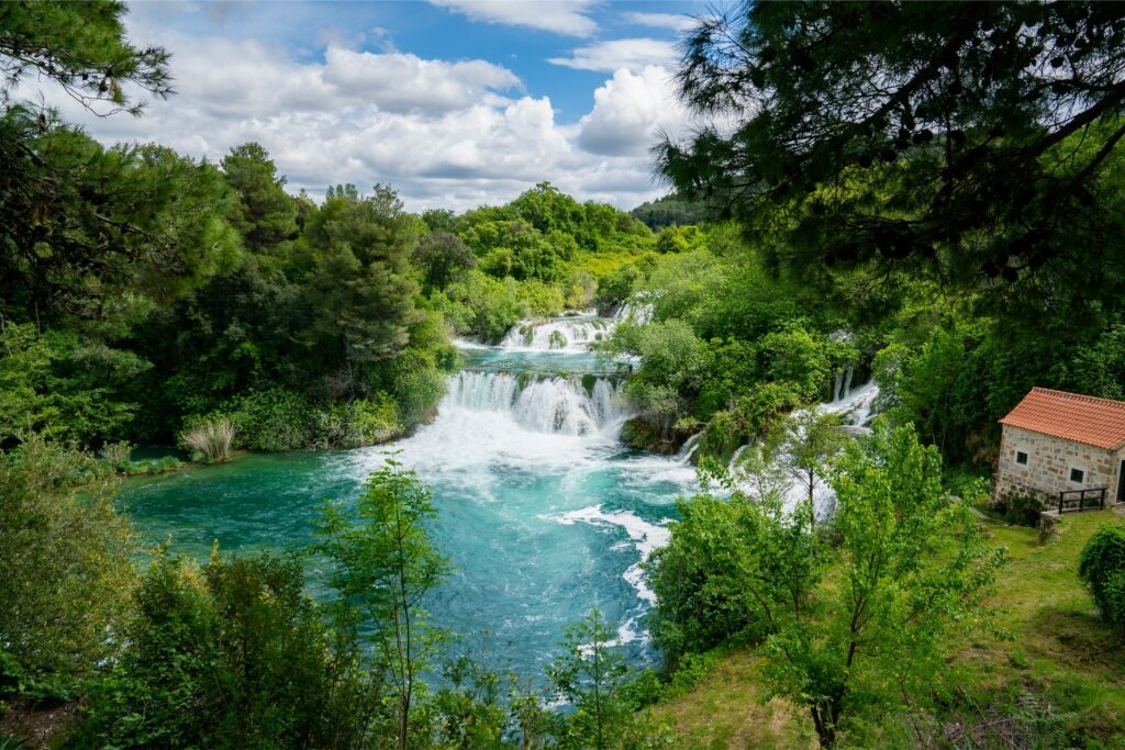 Scenic landscape of Skradinski Buk with waterfalls and emerald waters in Croatia